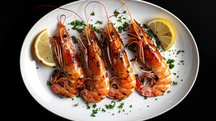 Grilled shrimp served on a plate with lemon and herbs, highlighting a gourmet dish.