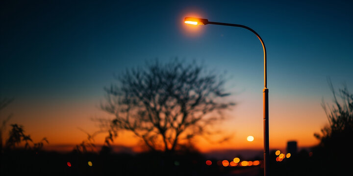 A streetlight illuminates a tranquil landscape at sunset, surrounded by silhouettes of trees.