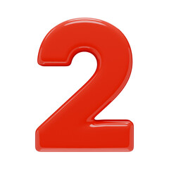 Volumetric number two, isolated on a transparent background. 3D digit 2 in red color plastic with a glossy texture. Photorealistic render.