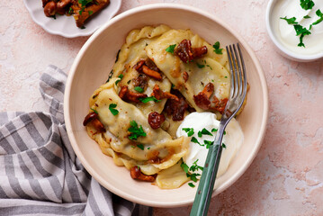 Polish dumplings with fried chanterelles and sour cream on a plate..style hugge.