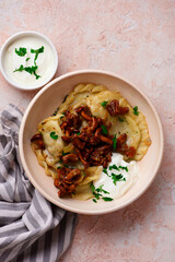 Polish dumplings with fried chanterelles and sour cream on a plate..style hugge.