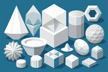 A diverse array of white shapes and polygons artistically arranged on a solid blue background, showcasing their unique forms and textures