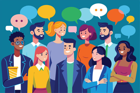 A diverse group of men and women engage in lively conversation, sharing ideas and laughter in a vibrant atmosphere filled with speech bubbles