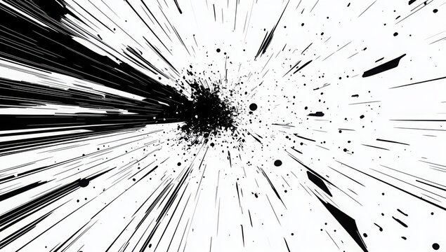 Dynamic manga motion effects with comic-style speed lines, action graphics, and explosive bursts on a clean white backdrop. Abstract illustration.