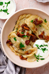Polish dumplings with fried chanterelles and sour cream on a plate..style hugge.