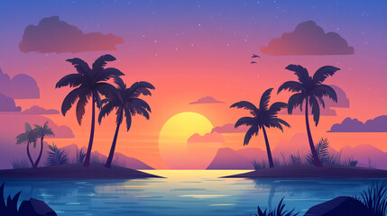 Cartoon simple tropical island background at dusk