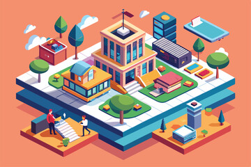 Obraz premium A lively depiction of a college campus featuring diverse buildings, students interacting, greenery, and an inviting atmosphere during daytime