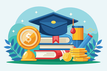 Graduating students celebrate scholarship success with stacks of books, a graduation cap, and symbols of financial aid for their educational journey