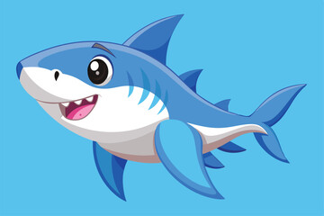 Obraz premium A cheerful baby great white shark swims playfully in vibrant blue water, showcasing its friendly expression and distinctive features