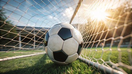 Soccer ball in  hitting the Goal net.