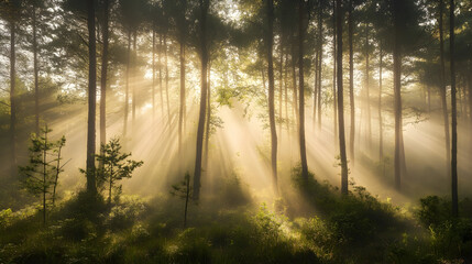Fototapeta premium A misty forest at dawn with soft rays of sunlight filtering through the trees