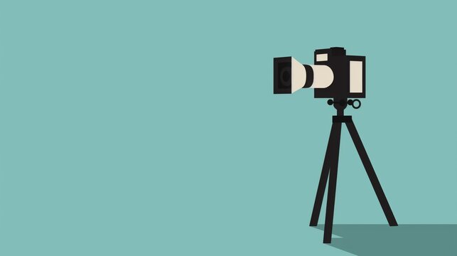 2D illustration of a basic video camera with tripod with basic shapes on a neutral colored background in a simplicity of vector minimalist style drawing