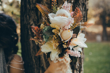 Bridal Bouquet with White Roses and Greenery – Close-Up on Wedding Day