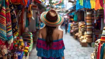 A young woman navigates a lively market street in Mexico, where the spirit of local exploration and youthful inquisitiveness permeates the vibrant atmosphere.