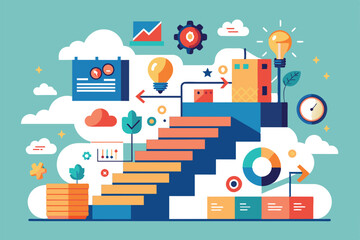 A vibrant illustration showcases customizable steps surrounded by light bulbs, charts, and playful icons, representing creativity and progress
