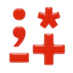Punctuation marks: dot, comma, plus, minus or dash, asterisk. Isolated on a transparent background. 3D render of marks in red plastic with a glossy texture.