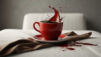 High-resolution, artistic photograph featuring a red ceramic coffee cup and saucer placed on a white surface, possibly a bed or a couch. The coffee cup is filled with dark coffee, and a dynamic splash