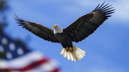 Obraz premium Majestic bald eagle in flight with wings spread wide, set against the backdrop of the American flag. Perfect for patriotic themes, national pride, or Independence Day content