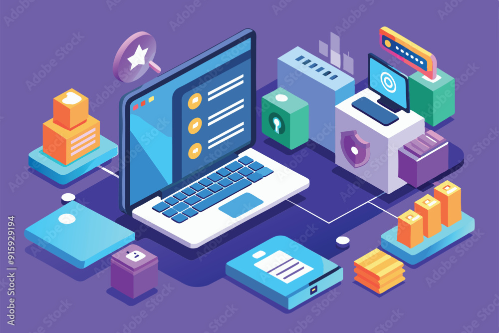 Poster a vibrant isometric illustration depicting a customizable computer login interface, data storage uni