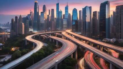 Naklejka premium A winding asphalt highway stretches through a city, skyscrapers and a vibrant skyline in the background, bright sunny day