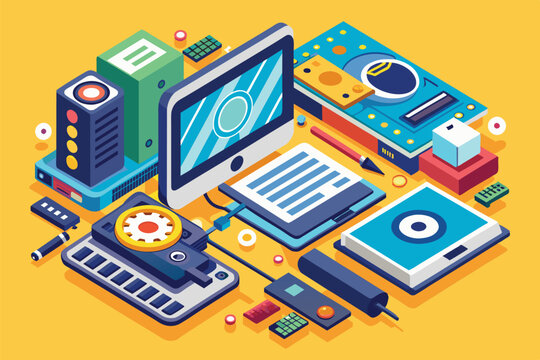 A detailed overview of computer hardware components, tools, and manuals arranged aesthetically on a vibrant yellow background