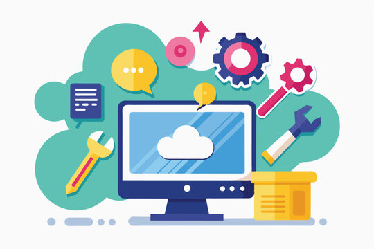 A visual representation of computer troubleshooting with tools, icons, and a monitor symbolizing repair services and technology solutions