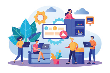 A diverse group of individuals actively working on laptops, focusing on data backup while surrounded by plants and tech elements in a contemporary workspace