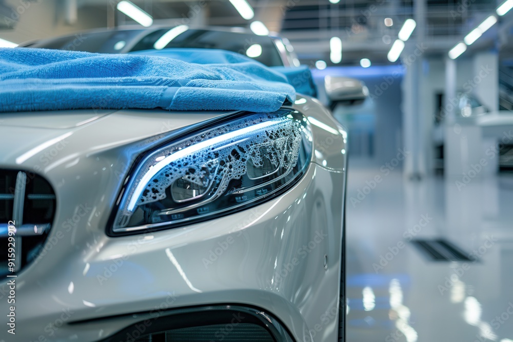 Poster cleaning and polishing the interior of a car takes place in a modern workshop, showcasing attention 