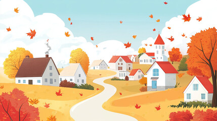 Cartoon simple village background in fall