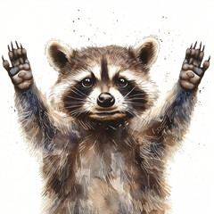 Fototapeta premium A playful raccoon with raised paws, illustrated in a whimsical watercolor style.