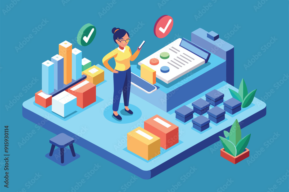 Poster a woman stands thoughtfully, examining data visualizations and notes in a vibrant isometric office s