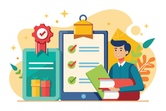 A colorful design showcasing a person holding books next to a checklist, symbolizing confirmed attendance for events with gifts displayed