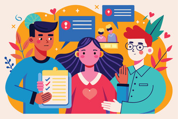 Three individuals engage in a thoughtful conversation about customizable consent, featuring clipboards and speech bubbles for feedback