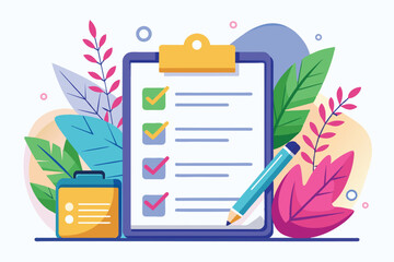 A vibrant checklist displays completed tasks, highlighted by colorful foliage and a pen, reflecting an organized and engaging environment