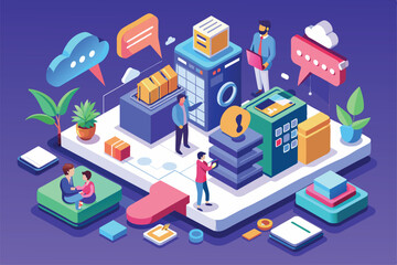 A vibrant isometric illustration showcases a customizable contact us feature, highlighting team members interacting in a modern workspace