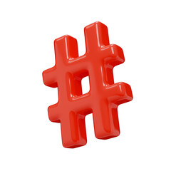 Hashtag sign. Typography mark isolated on a transparent background. 3D render of a mark in red plastic with a glossy texture.