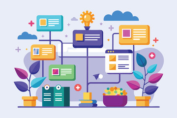 This vibrant illustration features a customizable content structure intertwined with plants, showcasing various data elements and designs
