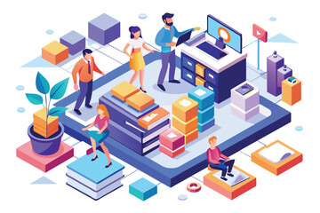 Fototapeta premium A diverse team works together in a vibrant customizable workspace, engaging with books, technology, and each other to enhance creativity and productivity