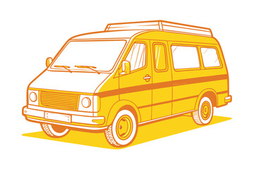 A contour sketch illustrates a yellow transport van parked in an urban environment under clear daylight, showcasing its distinct features