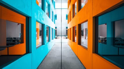 Fototapeta premium Top view of a split educational facility, one side teaching ethical science blue and the other side teaching unethical practices orange, contrasting and striking