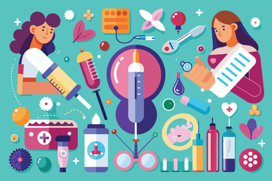 A vibrant illustration showcases diverse contraception methods and tools, featuring individuals engaged in informative healthcare activities