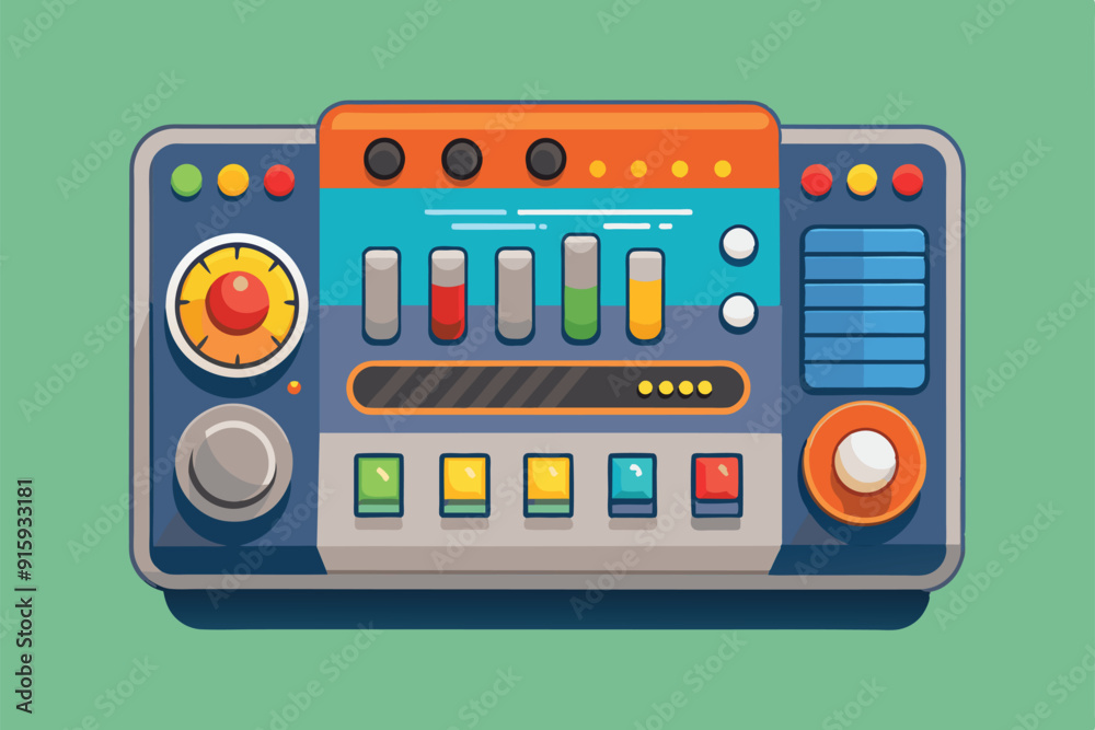 Poster a colorful control panel with various buttons, sliders, and knobs, designed for customizable and int