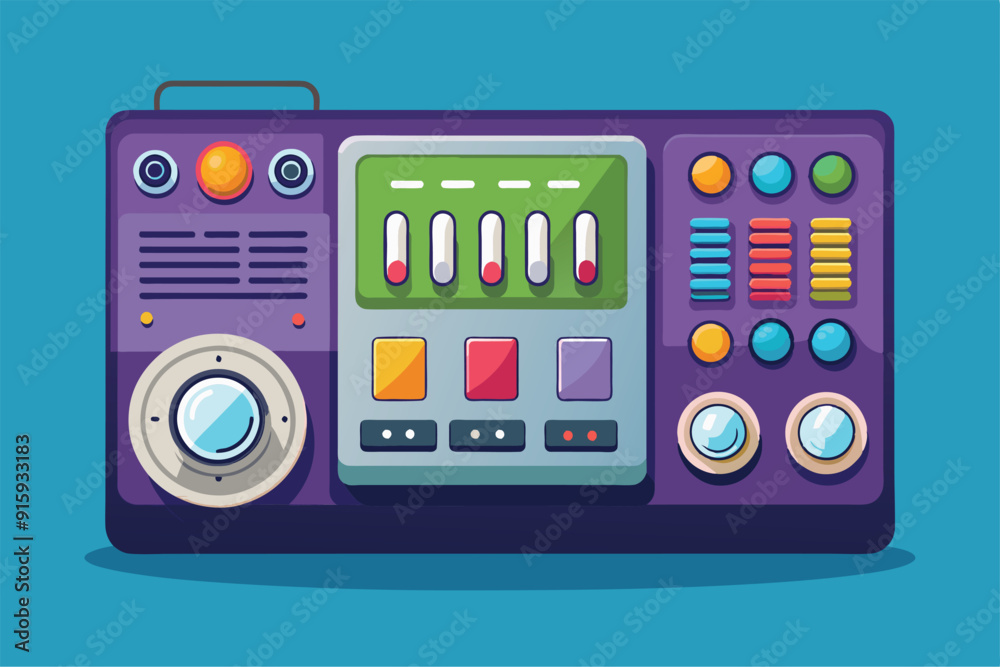 Poster a vibrant control panel with various buttons and sliders, designed for customization in electronic o