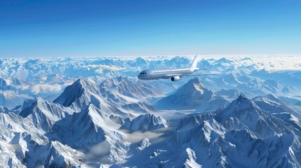 A white airplane flies over a snow-capped mountain range with a clear blue sky.