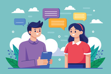 Two individuals are actively conversing with speech bubbles above them, set against a vibrant background of clouds and greenery