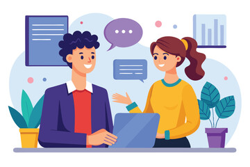 Two professionals engage in a lively discussion at a desk with plants, sharing ideas and using a laptop in a contemporary office environment