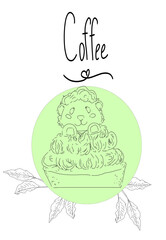 Cupcake with cream and lamb with coffee plant leaves and phrase Coffee color illustration with graphic style for printing and web banners with postcards and flyers, business cards and booklets