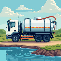 Water transport, commercial vehicles, service equipment. Truck with water tank. Vector illustration
