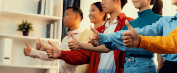 Panoramic banner young happy asian startup company employee wearing colorful casual wear stand in line together symbolize creative teamwork, job employment, HR agency recruitment. Synergic