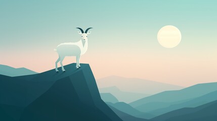 Fototapeta premium 2D illustration of a goat on a mountainside with basic shapes on a neutral colored background in a simplicity of drawing in a minimalist vector style